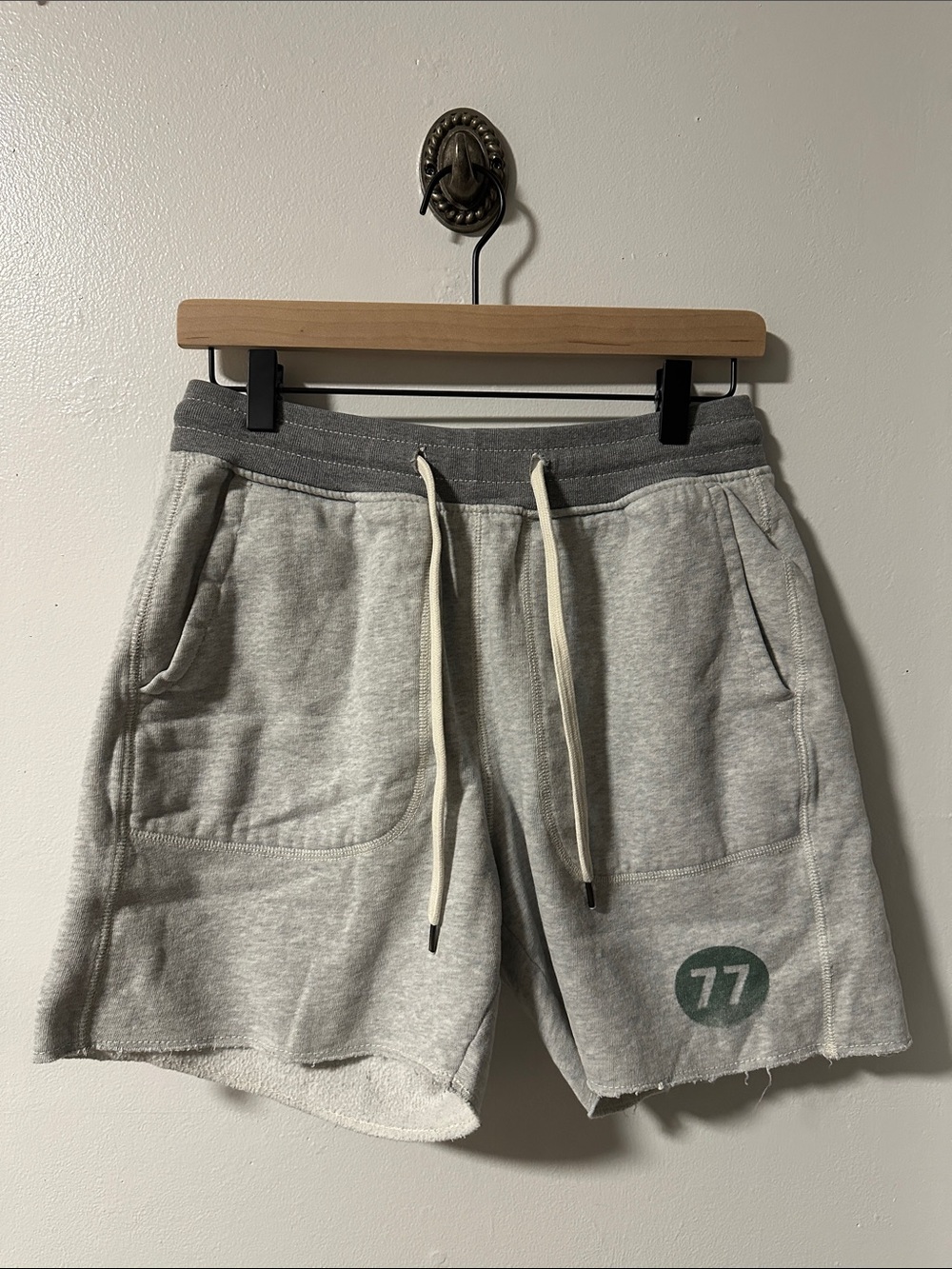Light Gray Athletic Drawstring Shorts with '77' Patch